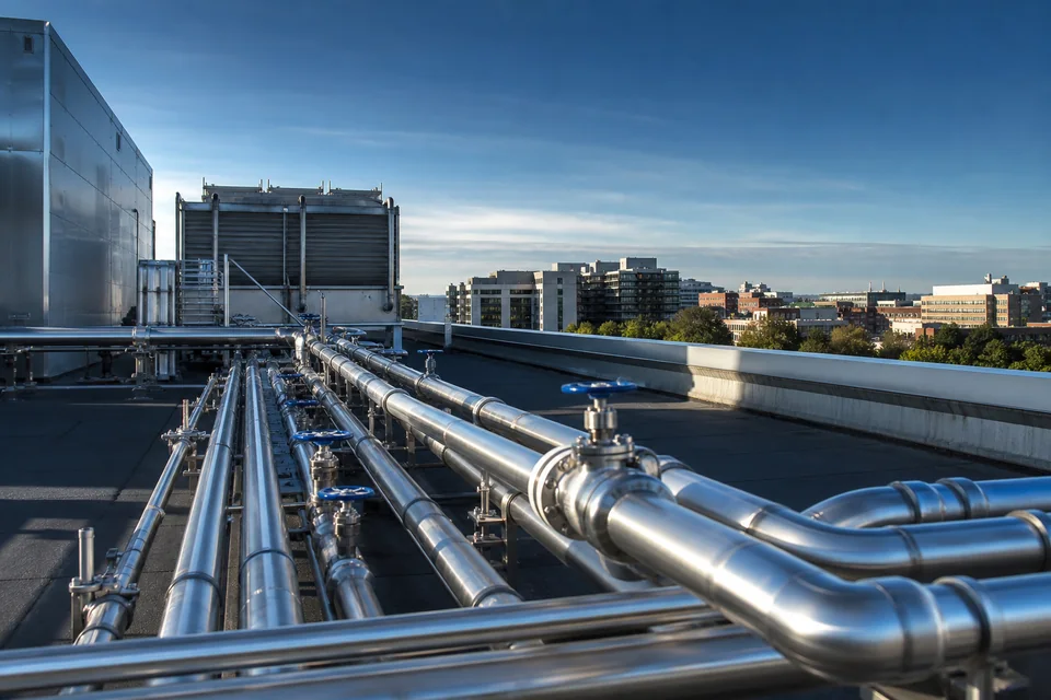 Commercial rooftop with organized stainless-steel piping serving an urban facility