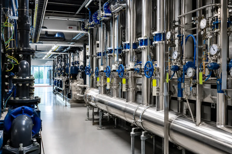 Organized stainless-steel commercial plumbing manifolds with blue valves and pressure gauges
