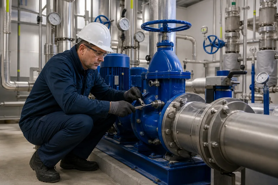 Commercial plumber maintaining a large blue valve and pump assembly