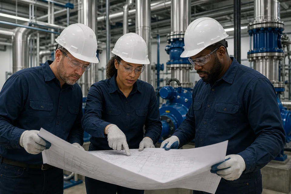 Commercial plumbing professionals reviewing mechanical plans inside a modern facility